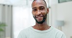 Happy, relax and face of a black man in home for peace, calm and positive mindset. Smile, portrait and African person from Nigeria in the lounge of an apartment, house or living room for happiness.