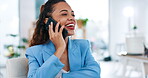 Business woman, phone call and laughing in office while talking to contact. Cellphone, conversation and happiness of professional person networking, speaking or funny discussion, comedy or joking.