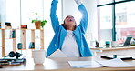 Business woman, documents and celebration throwing paperwork in completion of tasks at office desk. Happy female employee in joyful happiness for finished success, winning or achievement at workplace
