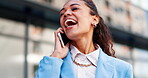 Phone call, business woman and laughing in city, talking or speaking with contact. Cellphone, funny conversation and happiness of professional person in discussion, meme or comedy on outdoor street.