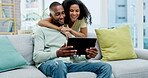 Couple, tablet and laughing with hug on sofa in home at comedy, joke or funny online meme. Interracial, touchscreen and happiness of black man and woman bonding on couch in lounge on social media.