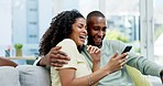 Happy black couple, phone and laughing on sofa for funny meme, joke or social media relaxing in living room at home. African Man and woman laugh in joyful happiness smiling for fun post on smartphone