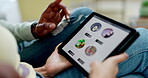 Tablet screen, online shopping and hands of couple for food choice, dinner or lunch in home living room. Ecommerce, menu and man and woman with technology to scroll on restaurant website for meal.