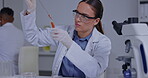 Science, vaccine and pharmacy with woman in laboratory for medical, research and analysis. Healthcare, medicine and sample with scientist and chemical for breakthrough, focus and experimental cure