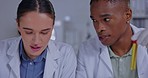 Black man, test tube and lab with talk, teamwork and results with woman for innovation in pharma industry. Scientist, laboratory and focus for medical study, vaccine development and problem solving