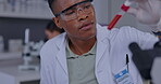Science, chemistry and pharmacy with black man in laboratory for medical, research and analysis. Healthcare, medicine and sample with scientist and chemical for vaccine, focus and experimental cure