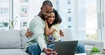 Laptop, relax and couple with love on a sofa with subscription service, streaming and home entertainment. Happy, bonding and man with woman online for film, movie or video in a living room together