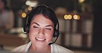 Call center, explain or happy woman in telecom, customer services or communications company. Communication, friendly girl or sales agent with microphone at crm or technical support office at night