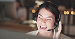 Call center, explain or friendly woman in telecom, customer services or communications company at night. Communication, contact us or happy sales agent with headset at crm or technical support office