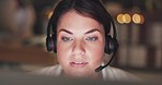 Call center, computer or face of woman reading in telecom, customer services or communications company. Focus, girl or sales agent in microphone headset at crm or technical support office at night