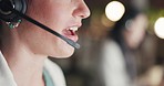 Mouth, communication or woman consulting in call center helping, speaking or talking at customer support. Microphone, night or consultant in telemarketing or telecom company in a closeup conversation