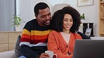 Love, funny and couple with laptop, connection and happiness for quality time, bonding and romance. Partners, black man and woman with device, laughing and affection with planning and online reading