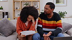Stress, finance and argue with couple in living room for home loan, payment and tax audit documents. Budget, debt review and angry with man and woman at home for frustrated, problem and inflation