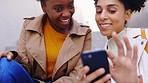 Women friends, phone and laugh on city stairs with meme on urban adventure, comic chat or dating app. Black woman, metro and social network video on steps with fashion, funny conversation or reading