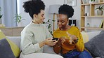 Phone, relax and friends on a sofa browsing social media, app or the internet in a living room, happy and bond. Smartphone, search and women talking on a couch while checking online on the weekend