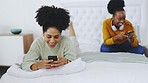 Bedroom, girl friends and phone meme with young people laughing on a bed at home. Morning, fun and social media phone scroll of a girl friend with happiness and friendship in a house on a mobile