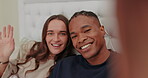 Couple, face selfie and hand gesture with happiness, care and bonding in home bedroom. Video call, interracial and black man and woman with peace sign, thumbs up and waving for picture or portrait.