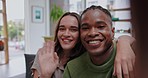 Interracial couple, smile and selfie of influencer in video call for social media vlog together at home. Portrait of happy man and woman in relationship smiling for vlogging, recording or online post