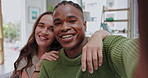 Interracial couple, smile and selfie of influencer for vlog, social media or profile picture together at home. Portrait of happy man and woman in relationship smiling for live streaming or video call