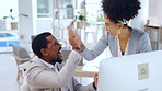 Business people, computer and high five in celebration for winning, sale or corporate success at the office. Happy businessman and woman touching hands in teamwork for win, promotion or victory on PC
