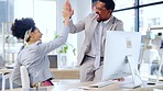 Business people, computer and high five in celebration for winning, sale or corporate success at the office. Happy businessman and woman touching hands for successful teamwork, win or victory on PC