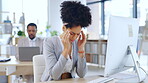 Business woman, computer and headache in stress, burnout or exhausted feeling overworked on office desk. Tired female employee suffering bad head pain, tension or strain by desktop PC at workplace