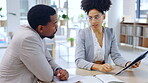 Business people, documents and meeting for planning, strategy or corporate analysis at the office. Man and woman employees discussing project plan, paperwork or company finance on table at workplace
