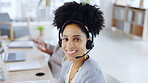 Business woman, face and smile in call center with headphones for telemarketing, customer service or support at office. Portrait of happy or friendly female consultant smiling with headset for advice