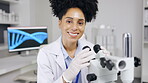 Face smile, woman and scientist with microscope in laboratory for research. Science, medical professional and mixed race, happy and proud female doctor from South Africa with equipment for experiment