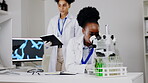 Scientist microscope, teamwork and women with tablet for plant research or information. Science, technology and female medical doctors with lab assistant talking, discuss and planning gmo experiment.