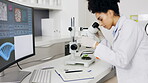 Scientist, plant microscope and woman writing notes for medical research, test or information. Science, notebook and botanist or doctor with leaf sample for gmo, sustainability and covid cure in lab.