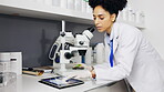 Scientist, plant microscope and woman with tablet for medical research, test or information. Science, technology and female botanist or doctor with leaf sample for gmo, sustainability and lab growth.