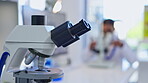 Science, research and innovation with a microscope in a laboratory for medical development or breakthrough. DNA, medicine and equipment on a table in a lab for scientific experiment or pathology