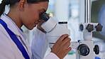 Medical research, microscope check and woman scientist with dna data and laboratory work for science. Lab worker, analytics and biotechnology study of a clinic employee working on health development