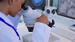 Medical, microscope and scientist research for dna data and laboratory work for science study. Lab worker, analytics and biotechnology test of a clinic employee working on health development results