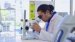 Scientist man, microscope and research laboratory for analysis, clinical pharma trial or work to stop virus. Male science expert, data analytics or test lens in lab for studying bacteria at workplace