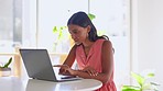 Focused, woman and search laptop in office for planning, task and internet information at desk. Female business employee, computer technology and email of online report, project website and pc typing