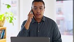 Man, phone call and talking at laptop, office consulting and client conversation in agency. Male worker, cellphone and communication at computer for mobile strategy, planning or networking in company