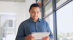 Business man, tablet and walking in office for productivity, planning and internet research. Happy male employee working on digital technology, website strategy and scroll information on internet app