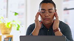 Creative man, laptop and headache in stress, burnout or overworked with strain at office desk. Tired and exhausted male employee designer suffering from head pain, sore or ache by computer in startup