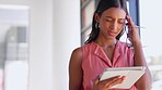Stress, headache and business woman on digital tablet in office while suffering anxiety, issue or mistake. Migraine, pain and indian lady with issue, frustration or tension from stressful proposal