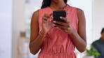 Closeup business woman typing on cellphone in office, online app and contact technology. Hands of female worker, smartphone and texting in networking, reading notification or search mobile connection