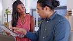 Meeting, folder and business people in office with documents for creative, planning or review. Team, file and woman with man discussing strategy, idea or startup vision, advice and project plan