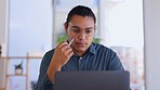 Creative serious man, laptop and thinking in business for strategy, planning or idea at the office desk. Thoughtful businessman contemplating ideas, decision or project plan on computer for startup