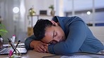 Tired, business man and sleeping in office with burnout, stress and low energy at desk. Fatigue, lazy and male employee in a nap from business anxiety, mental health and frustrated for sad failure 