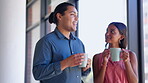 Creative business people, coffee and talking on break socializing or team communication at the office. Happy man and woman employees discussing social life or startup with hot drink at the workplace