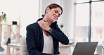 Business woman, laptop and neck pain in stress, burnout or sore muscle overworked at office. Frustrated and stressed female employee suffering from tension or ache working on computer at workplace