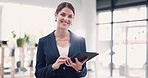 Office, tablet and face of business woman with smile working on online project, research and networking. Corporate, manager and portrait of happy, confident and female worker with digital technology