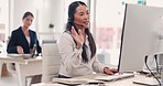 Asian woman, call center and video call for meeting, consulting or webinar in customer service at office. Happy female consultant talking with headphones on computer in virtual conference for advice