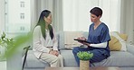 Tablet, consulting or nurse explaining to woman medical report results or news about rehabilitation. Consultation, digital or mature Asian patient talking or speaking to a doctor for helping advice